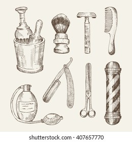 Retro illustrations of barber shop elements: cup, brush, razor, comb, antique perfume bottle, scissors and barber pole. Vector vintage set in woodcut style. Handdrawn objects.