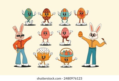 Retro illustrations set with easter mascots. Collection of easter characters in hippie groovy style. Cool easter bunny, funny eggs and easter cake. Trendy old cartoon funky trippe style.