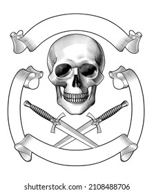 Retro image of a skull with antique daggers surrounded by banners. A man's skull with a beard and mustache. Vector illustration