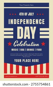 Retro Independence Day celebration poster with bold typography, stars and striped border. Patriotic 4th of July event flyer in vintage Americana style. Vector illustration