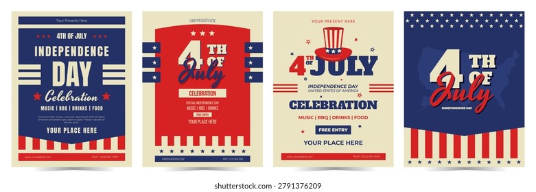 Retro Independence Day celebration posters set with bold typography and patriotic accents. Patriotic 4th of July event flyer in vintage Americana style. Vector illustration
