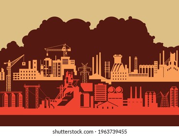 Retro Industrial Propaganda Posters Template, Constructions, Plant Silhouette, Buildings