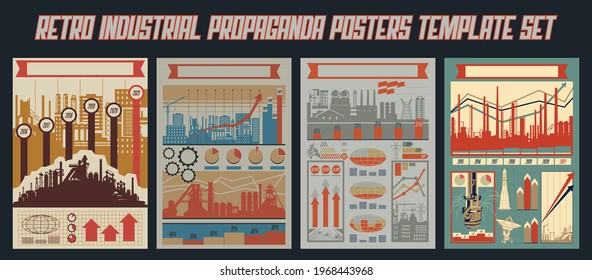 Retro Industrial Propaganda Posters Template Set, Soviet Placards Backgrounds