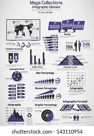 RETRO INFOGRAPHIC DEMOGRAPHIC WORLD MAP ELEMENTS PURPLE