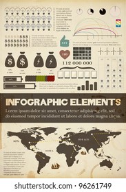 Colección de infografías retro| Mapa mundial, gráficos de información| Conjunto de estilos antiguo| Textura de papel antiguo