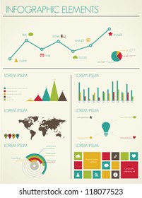 Retro infographics design. World Map and Information Graphics