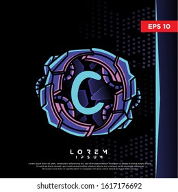 retro initial letter c cyberpunk style logo. modern icon, template design