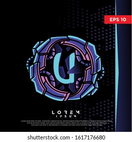 retro initial letter u cyberpunk style logo. modern icon, template design