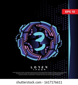 retro initial number 3 cyberpunk style logo. modern icon, template design