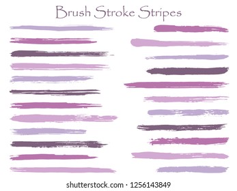 Retro ink brush stroke stripes vector set, violet horizontal marker or paintbrush lines patch. Hand drawn watercolor paint brushes, smudge strokes collection. Vector ink traces, color combinations.