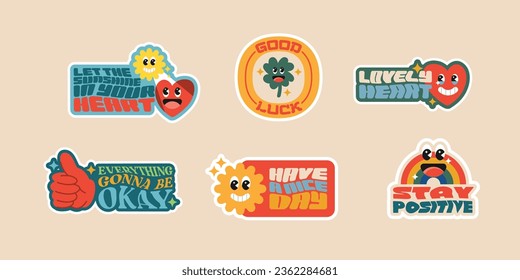 Retro Inspirational Words Stickers with character illustration in vector