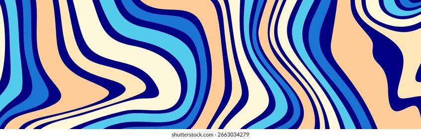 Um fundo abstrato inspirado retrô com ondas orgânicas fluindo de azul, creme e pêssego.