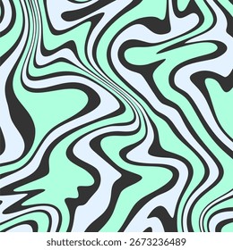 Um fundo abstrato inspirado retrô apresentando linhas fluidas e onduladas em um padrão psicodélico com uma paleta de cores pastel de verde menta, azul claro e preto.