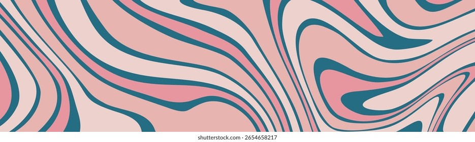 A retro inspired abstract background with flowing, liquid like waves in a pink and teal color palette.