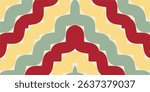 A retro inspired abstract pattern featuring overlapping undulating waves in muted mustard, olive green, crimson red, and cream, creating a harmonious repeating tile.