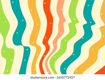 Padrão de onda abstrata inspirado retrô com gradientes coloridos e destaques de estrelas. Ideal para planos de fundo vibrantes, projetos nostálgicos e arte digital na moda