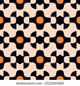 Retro inspired black and white pattern featuring orange circles, reminiscent of the vibrant 70s design era, with elements of art deco, making it an ideal choice for borders or decorative.