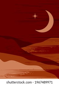 Retro inspired boho style landscape poster. Collage made of simple shapes and isolated textures in warm terracotta colors. Minimalist modern abstract art.