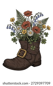 Dibujo botánico de inspiración retro de una bota rebosante de amapolas, margaritas, campanillas, copas de mantequilla y tréboles de la suerte
