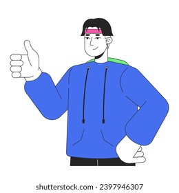 Retro inspired gen z man giving thump up 2D linear cartoon character. Handsome korean male showing support isolated line vector person white background. Nostalgia gesture color flat spot illustration