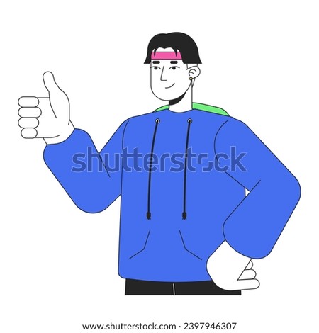 Retro inspired gen z man giving thump up 2D linear cartoon character. Handsome korean male showing support isolated line vector person white background. Nostalgia gesture color flat spot illustration