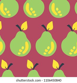 Retro inspired green pears seamless vector pattern on a dark pink background.