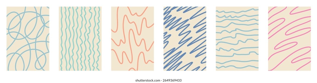 Retro inspired pastel vector collection of childish doodle patterns with soft hand drawn scribbles, curvy lines, fluid swirls, dynamic sketchy waves, minimalist organic shapes, zigzag swirly forms