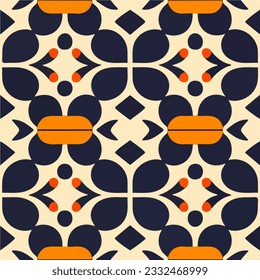 Retro inspired pattern on a white backdrop, featuring an art deco design in orange and black hues. Its seamless repetition captures the essence of 70s aesthetics.
