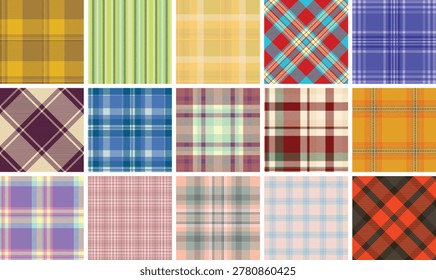 Retro inspired plaid set for poster design. Nostalgic tartan compositions attract attention subtly. Vector scalability supports size changes.