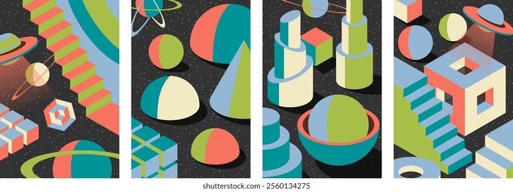 Retro inspired psychedelic poster set with optical illusions. Vibrant 70s and 80s aesthetics features surreal geometric shapes and cosmic landscapes. Spheres, stairs and bold vintage perspectives