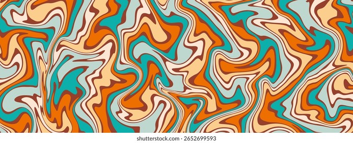 A retro inspired psychedelic swirl pattern featuring a groovy, liquid like effect in a vintage color palette of orange, teal, cream, and brown.