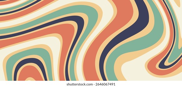 A retro inspired swirl pattern with flowing lines in warm orange, soft teal, cream, navy, and mustard tones.
