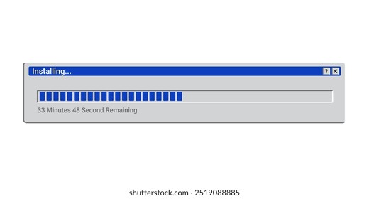 Retro installing program in blue color. Old setup program for Pc. Progress bar on screen.