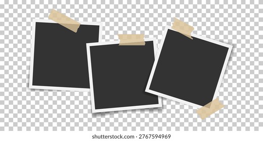 Retro instant photo frames taped on transparent background. Three square image fixed masking tape Great for social media, poster, memories board, album, collage graphic, travel blog, photo template