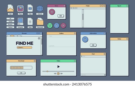 Retro interface. 80s 90s computer and internet user interface elements, trendy frames and buttons. Vector post and call notification interface of computer 90s and 80s interface window illustration