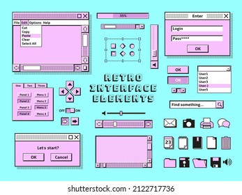 Retro Interface Elements. 90s Vintage Pc Bars, Message In Old Computer Style. Technology, Computing Music And Gaming Desktop Consoles, Tidy Vector Set