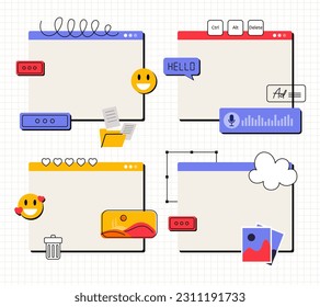 Retro interface elements set. Design for program or application in old style. Back in 80s and 90s. UI and UX design for software. Cartoon flat vector collection isolated on white background