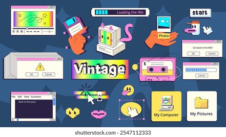 Pegatinas de interfaz retro. Viejo ordenador y2k tecnología Elementos extraños, Web ventana error pestaña juego ui 2000s 90s 80s vintage desktop folder diseño, dibujos animados con clase Ilustración vectorial original artwork