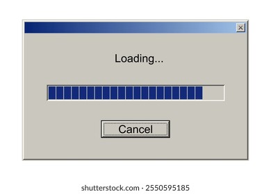 Retro interface window with download bar. Alert window on computer monitor with loading message vector illustration. Classic style of upload progress in old system user interface with button cancel.