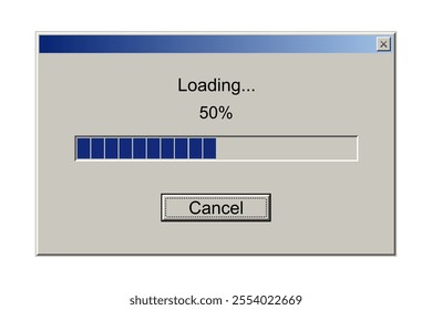 Retro interface window with download bar. Alert window on computer monitor with loading message vector illustration. Classic style of upload progress in old system user interface with button cancel.