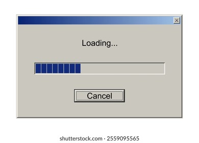 Retro interface window with download bar. Alert window on computer monitor with loading message vector illustration. Classic style of upload progress in old system user interface with button cancel.