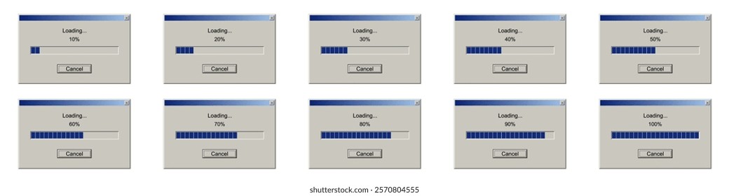 Retro interface window with download and different loading percentages. Set of alerts windows on computer monitor with loading messages. Realistic vector illustration.