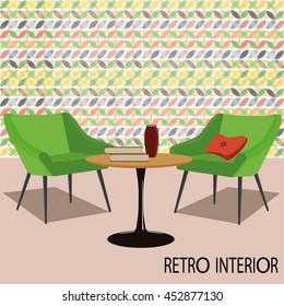 Retro interior with chairs and table on color background.