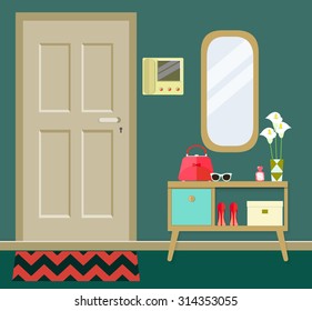 retro interior hallway with door, mirror and intercom system. vector illustration