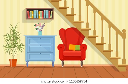 Retro interior living room with bookcase,chair and commode under the stairs. Vector flat style illustration