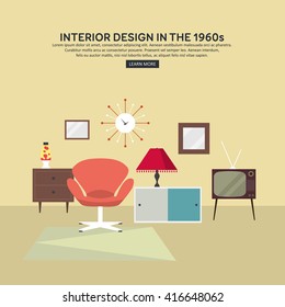 Retro Interior Living Room With Cabinet, TV, Armchair, Lava Lamp, Retro Clock. Flat Design. Vector Illustration.