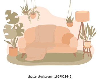 Retro interior living room with carpet,sofa, houseplant. Vector hand drawn flat illustration. Cozy room interior with a lot of plants in pots, urban jungle concept in pastel beige colors