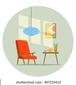 Retro interior. Living room with red chair, coffee table, sun glare on wall, houseplant, picture. Vector flat illustration