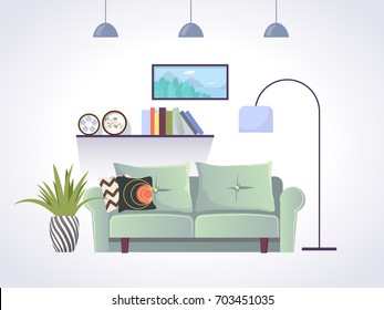 Retro interior living room with sofa, houseplant, lamp, pictures, books. Vector clip art