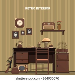 Retro interior with a microphone a table a radio and photos flat vector illustration 